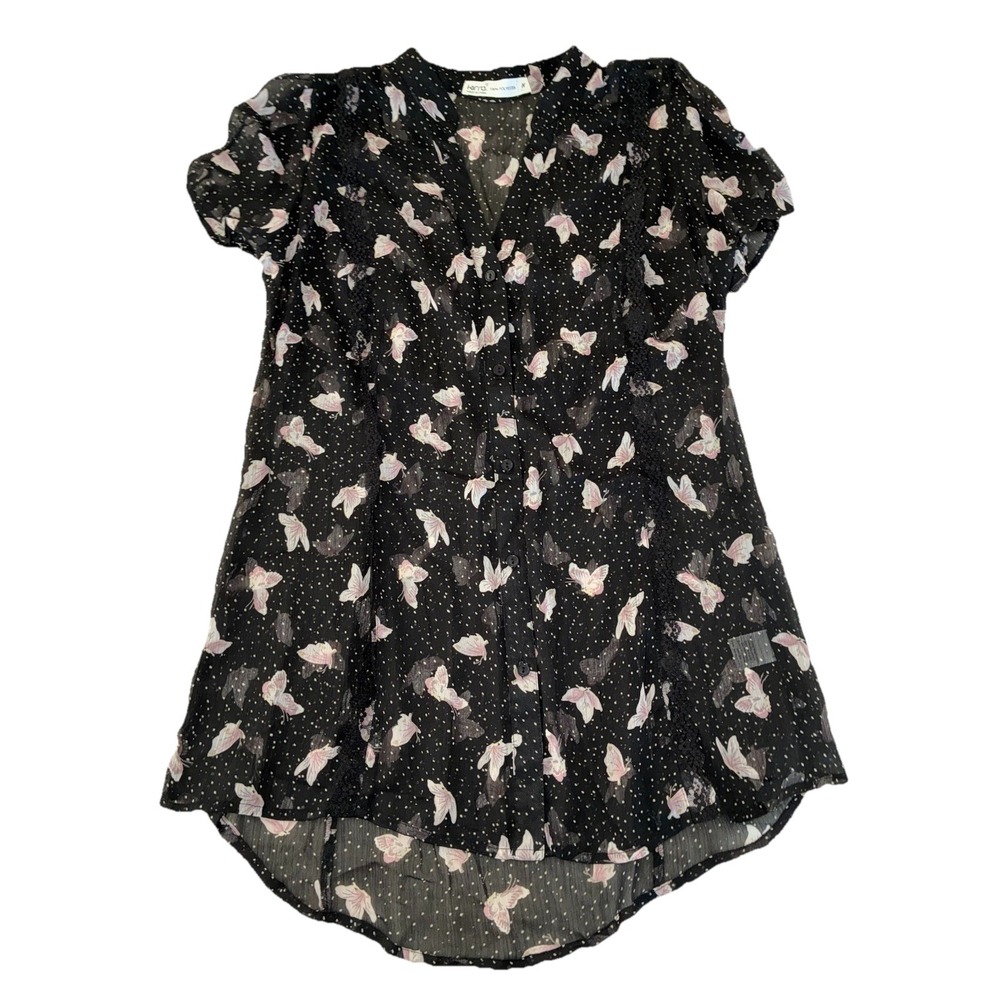 VTG Y2K Kirra Blouse M Black Pink Butterfly Polka Dot Lace Trim Sheer Fairy Boho